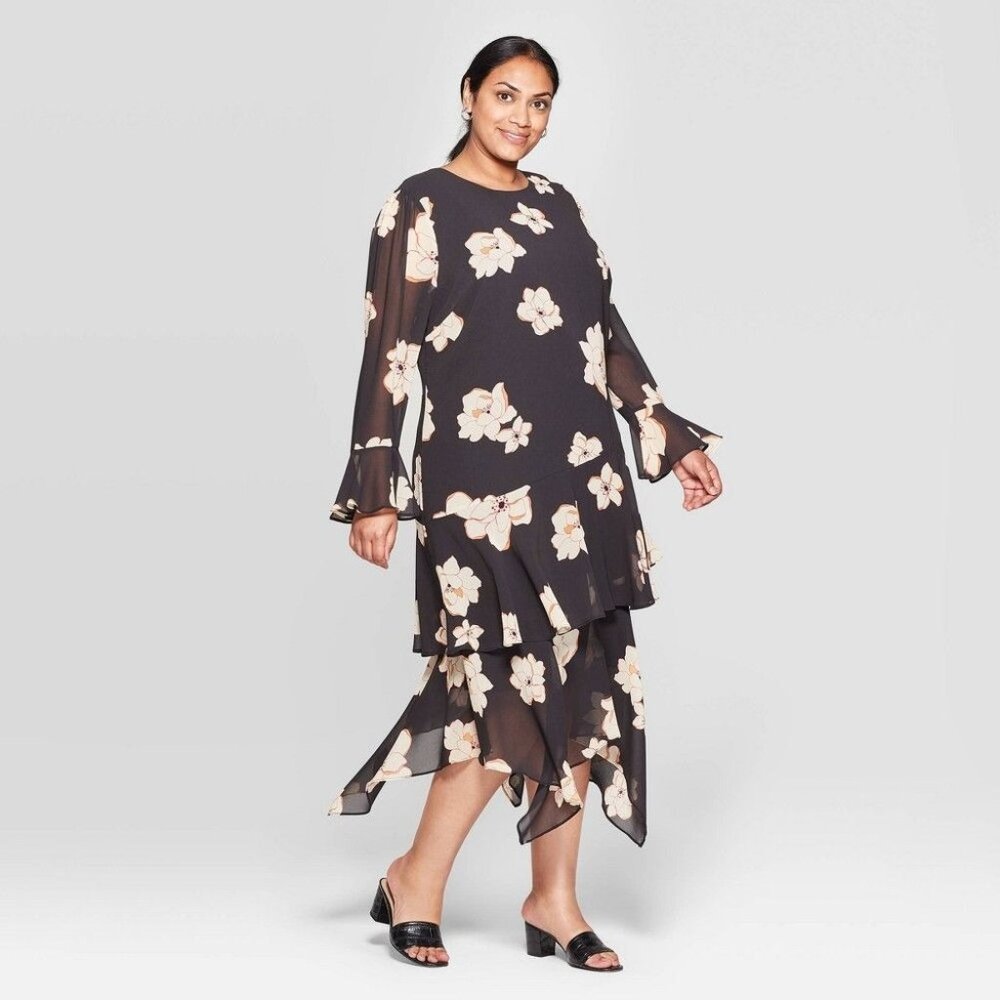Who What Wear Floral Print Long Sleeve Boat Neck Tiered Ruffle Hem a-Line MIDI D